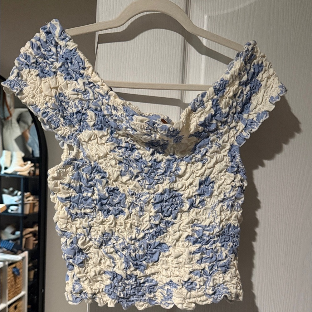 Free People Smocked Off-Shoulder Top in Cream and Light Blue